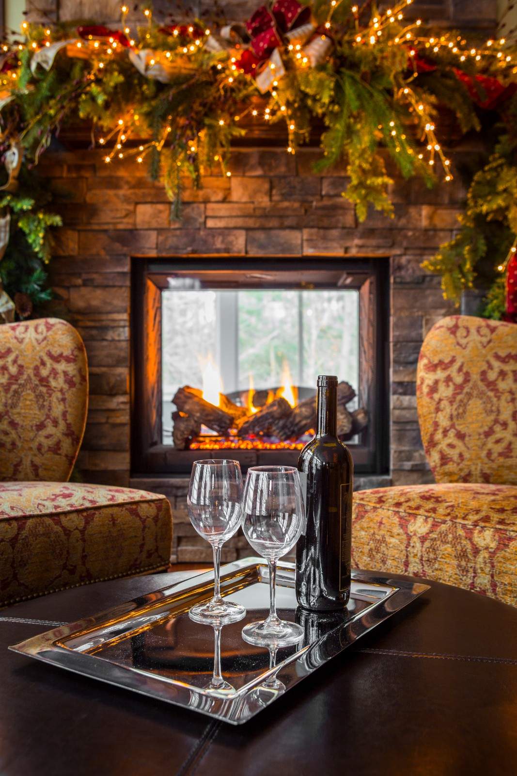 Christmas Wreath Glass Of Champagne And Blurred